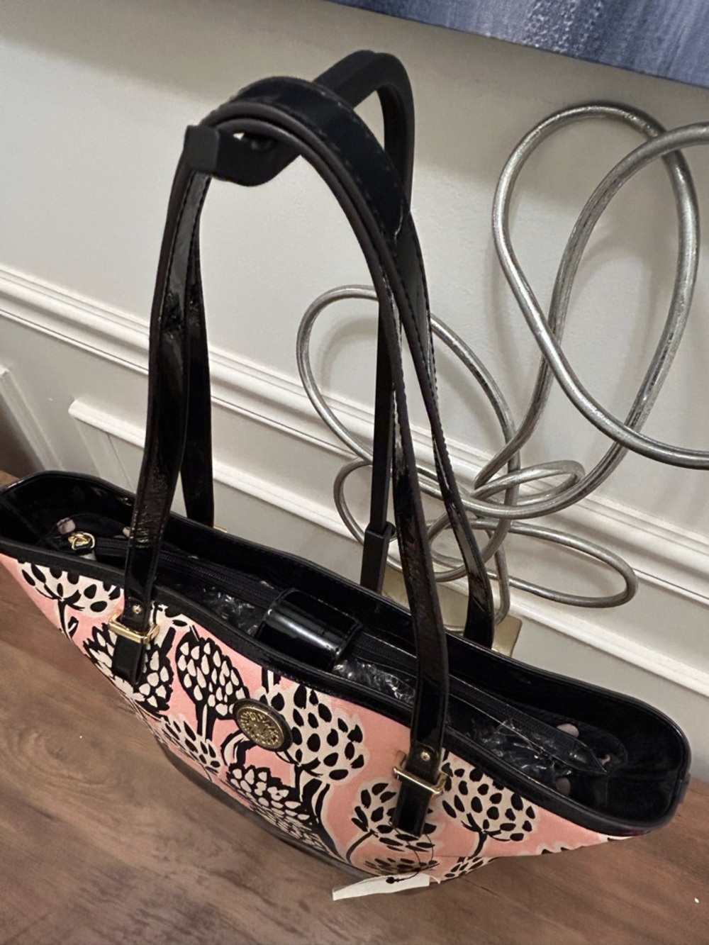 Anne Klein Pink and Black Floral Tote - Picture 7 of 8